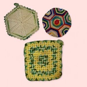 Fun Vintage handmade potholders funky hippie boho kitchen - set of 3